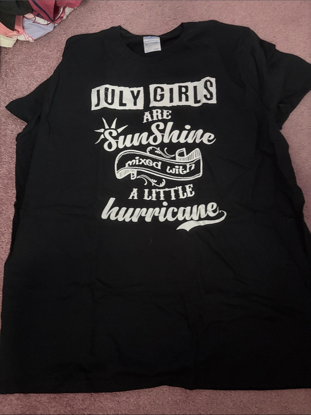 Port and Company Black Tee with White 'July Girls Are Sunshine' Graphic
